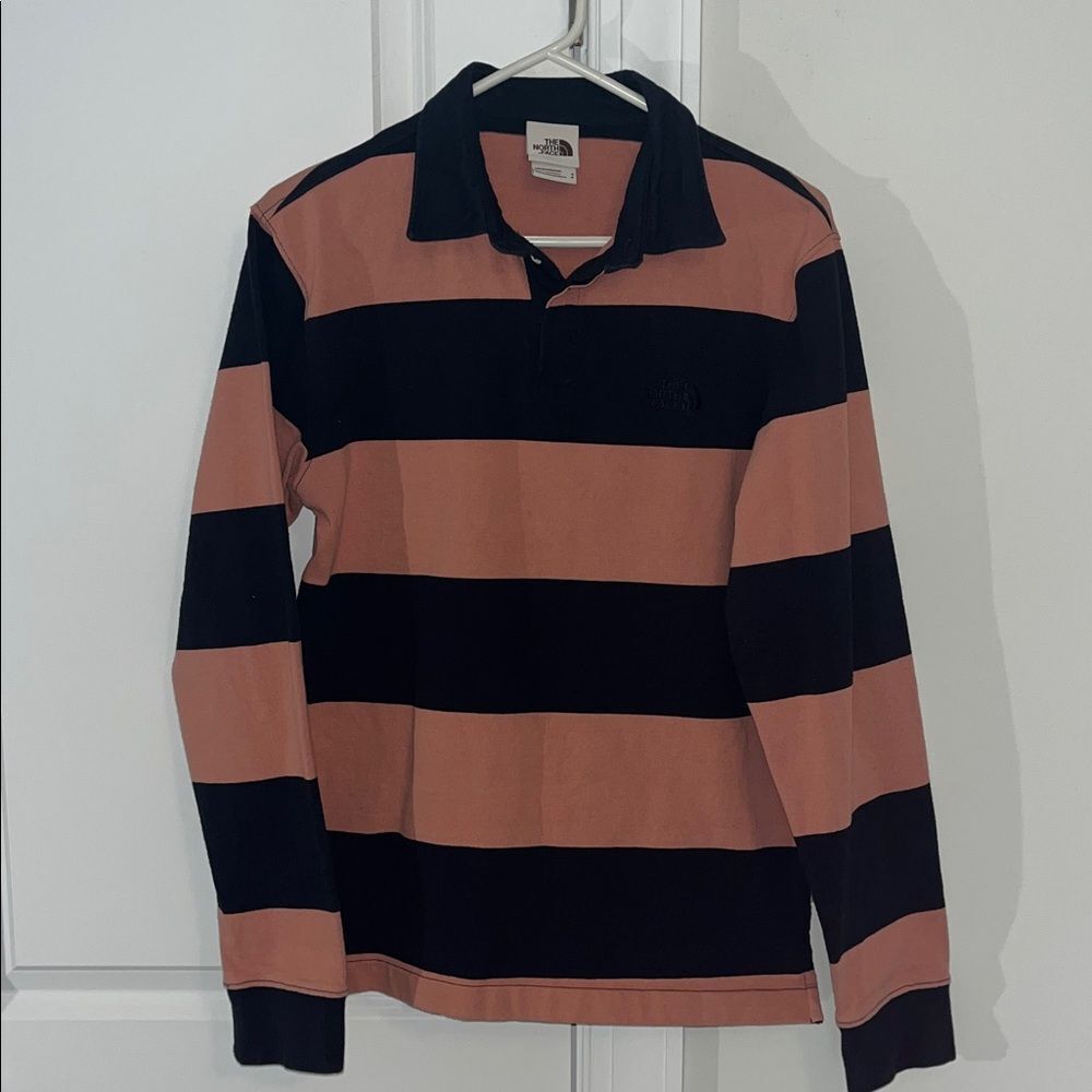 North Face heavy cotton LS Berk Model Rugby polo shirt Blue Mauve Pink Stripe S